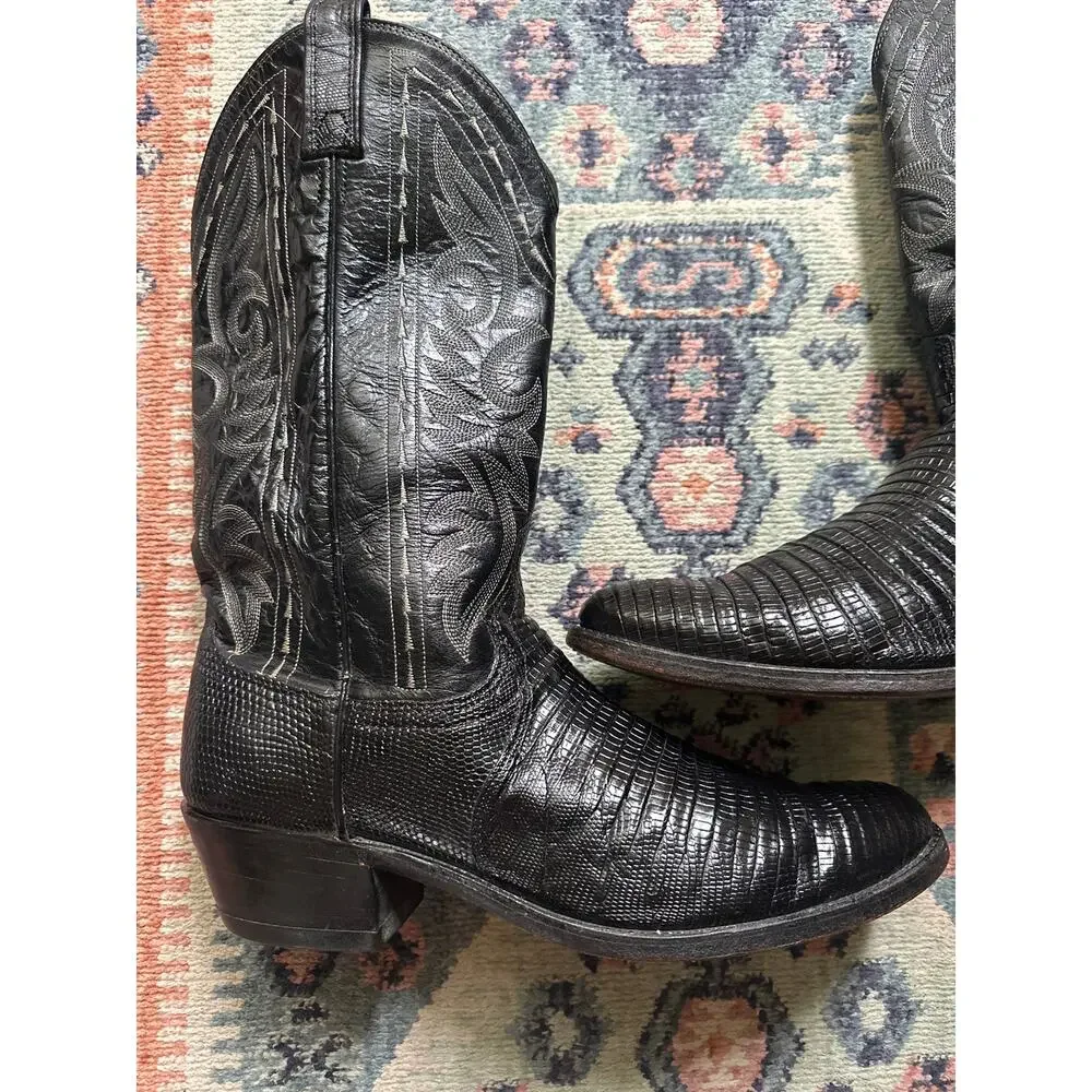 Vintage Dan Post Black Teju Lizard Men's Cowboy Boots USA 9.5B Western